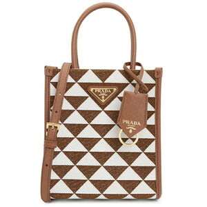 Prada Symbole Embroidered Tote bag geometric pattern leather trim Brown